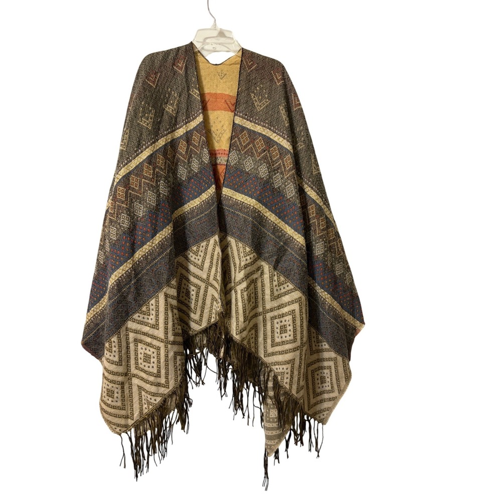 Boho Geometric Weave Fringe Poncho Wrap Southwestern Open Front Shawl Brown